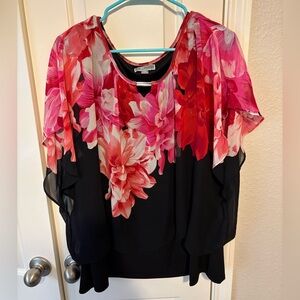 JM Collection Floral Overlay Blouse - Red and Pink
